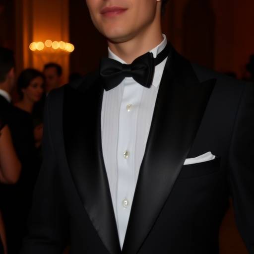 A classic black tuxedo with satin lapels, perfect for formal business events or galas.