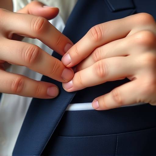 A close-up of skilled hands expertly stitching a suit lapel with fine thread.