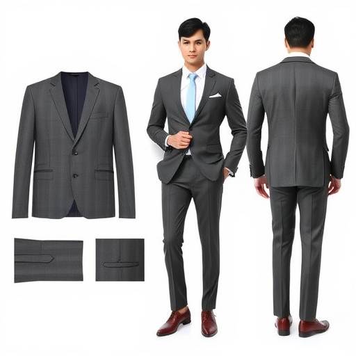 A contemporary slim-fit suit in a medium grey, featuring a modern silhouette and clean lines.