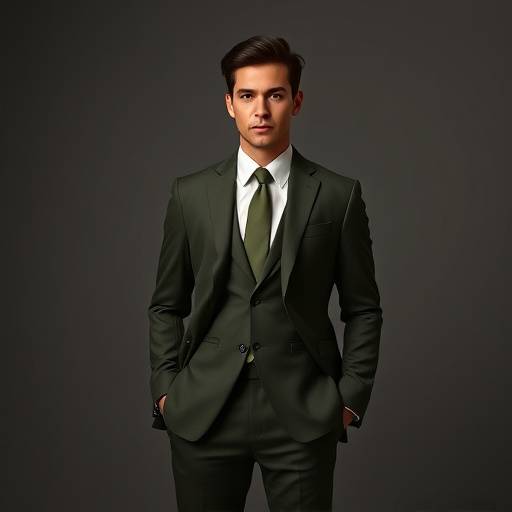 A dark olive green suit, presenting a unique and distinguished option for the modern professional.