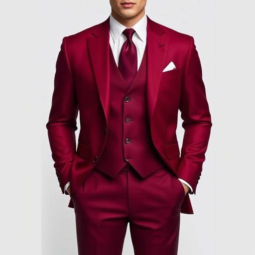 A rich burgundy three-piece suit, showcasing a bold yet sophisticated colour choice.