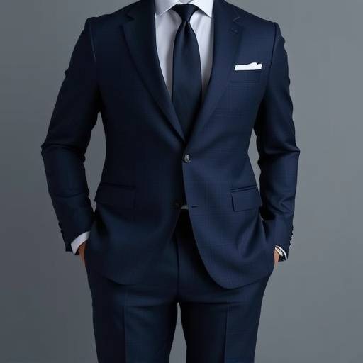 A sharply tailored navy blue business suit with a subtle texture, worn by a confident individual.