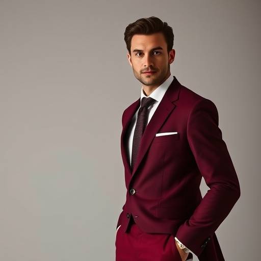A slim-fit business suit in a deep burgundy, exuding confidence and unique taste.