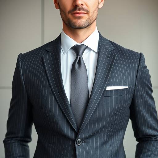 A tailored charcoal grey business suit with a subtle pinstripe, worn by a professional man.