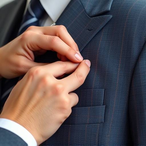 Close-up of a tailor's hands stitching a suit lapel